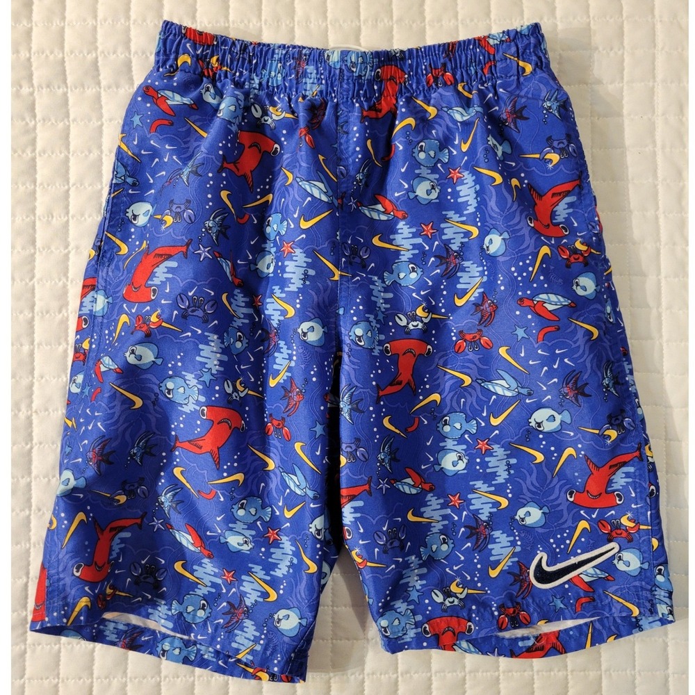 Nike Boys L Blue Sea Creature Print Mesh Lined Swim Trunks Shark Turtle Nautical